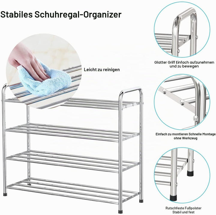 FANHAO Schuhregal, Schuhregale 4 Ebenen Edelstahl, Schuh-Organizer für bis zu 12-16 Paar Schuhe, Sch