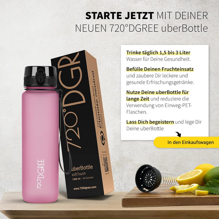 720°DGREE Trinkflasche “uberBottle“ 350ml, 500ml, 650ml, 1l softTouch +Früchtebehälter - Auslaufsich