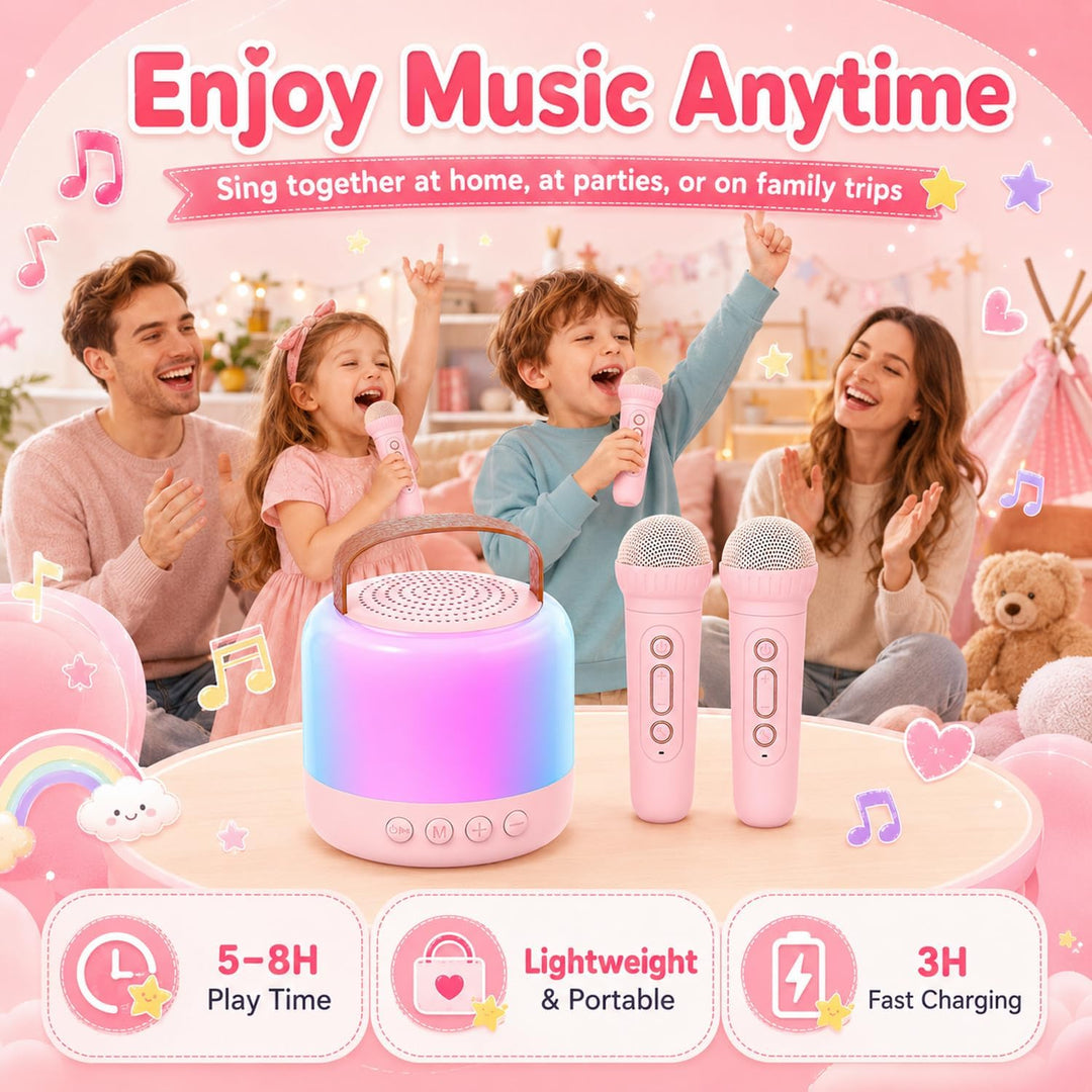 Karaoke Maschine mit 2 Drahtlosen Mikrofonen für Kinder, Tragbarer Bluetooth-Lautsprecher mit LED un
