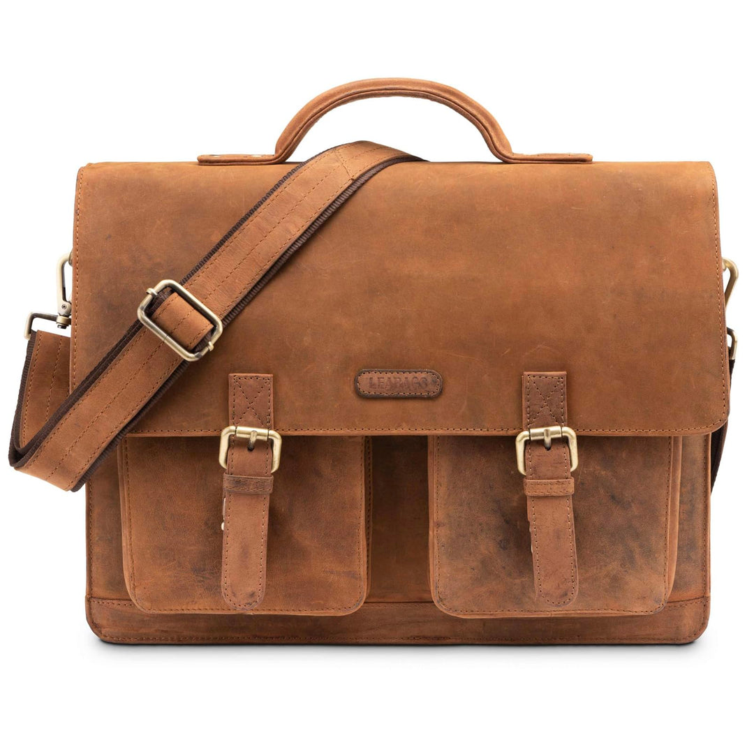 LEABAGS Leder Aktentasche Herren & Damen I Echtleder Laptoptasche bis 15 Zoll I Umhängetasche mit Sc