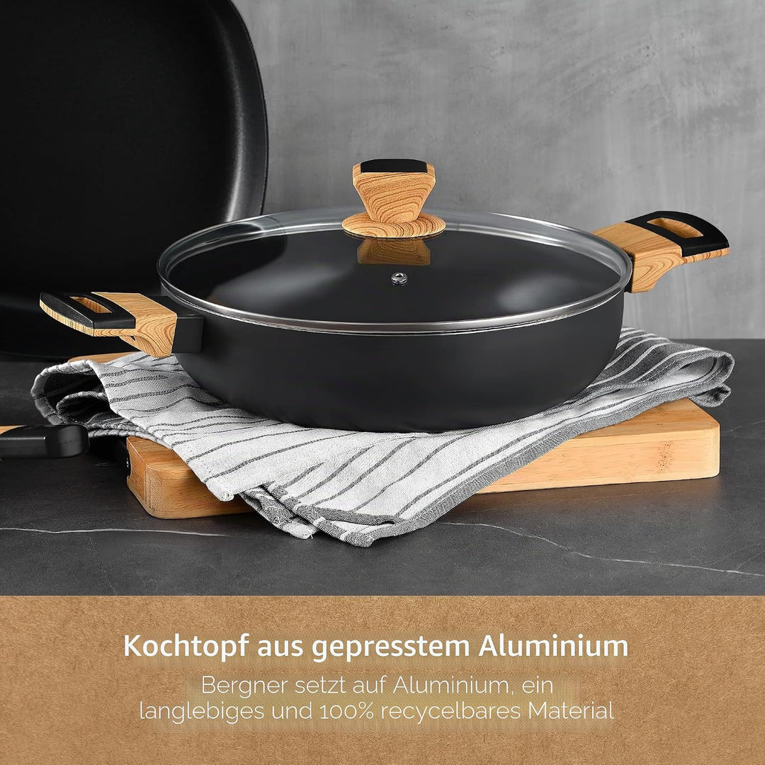 BERGNER Earth Black - Niedriges Kochen 28 cm mit Deckel - aus Aluminium gepresst mit ergonomischen H