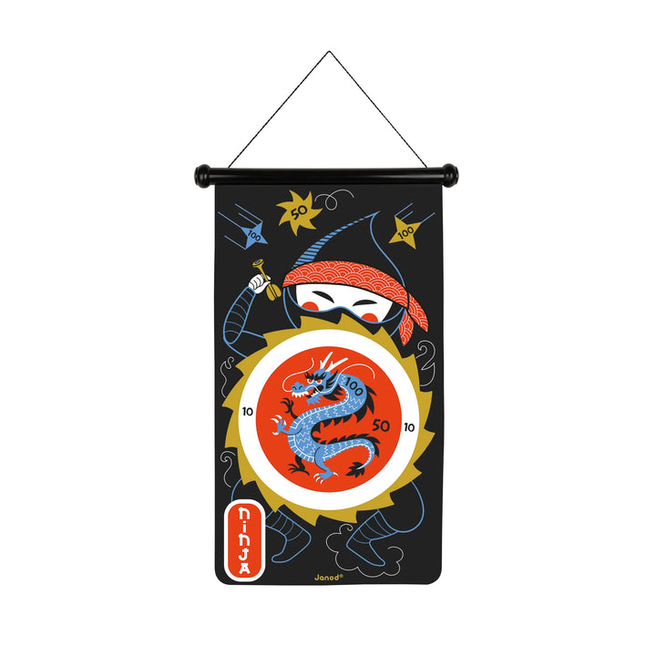 Janod - Magnetisches Dartspiel Ninja-Motive - 6 Plastikpfeile - Spiel aus Stoff, Beidseitig Nutzbar