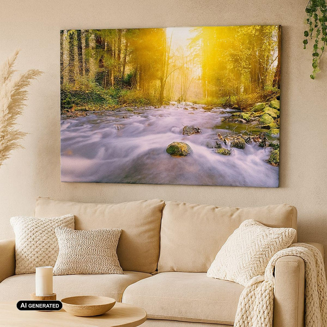 ARTTOR Bilder auf Leinwand 100x70cm Leinwandbild Herbst Wald Berg Fluss Gross Wanddeko Bild Schlafzi