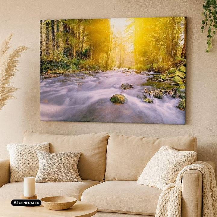 ARTTOR Bilder auf Leinwand 100x70cm Leinwandbild Herbst Wald Berg Fluss Gross Wanddeko Bild Schlafzi