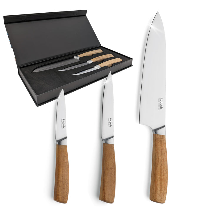 Kuppels | Messerset WOOD | 3-teilig | scharfe Messer mit Akazienholzgriff | Klinge aus gehärtetem Ed