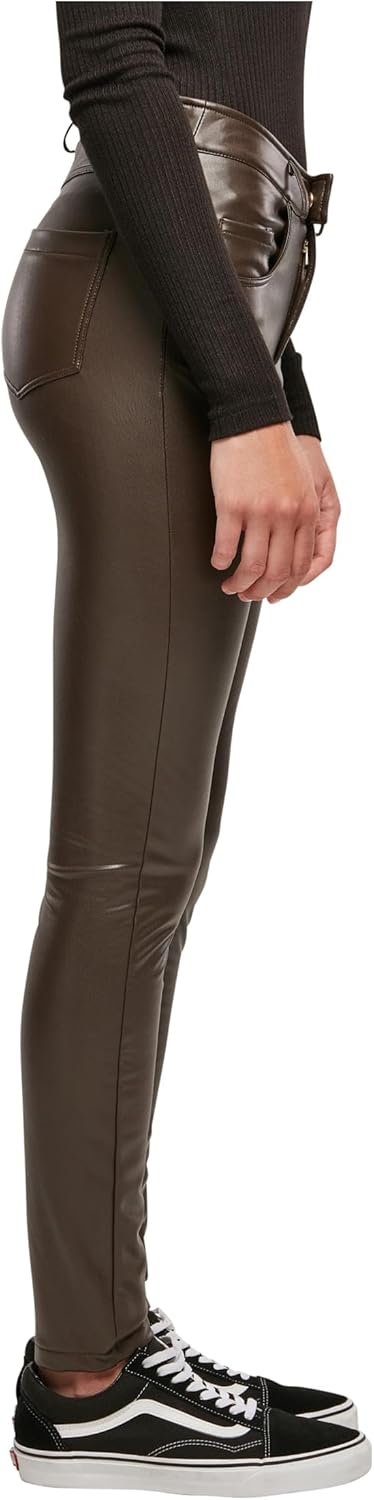 Urban Classics Damen Ladies Mid Waist Synthetic Leather Pants 27 Brown, 27 Brown