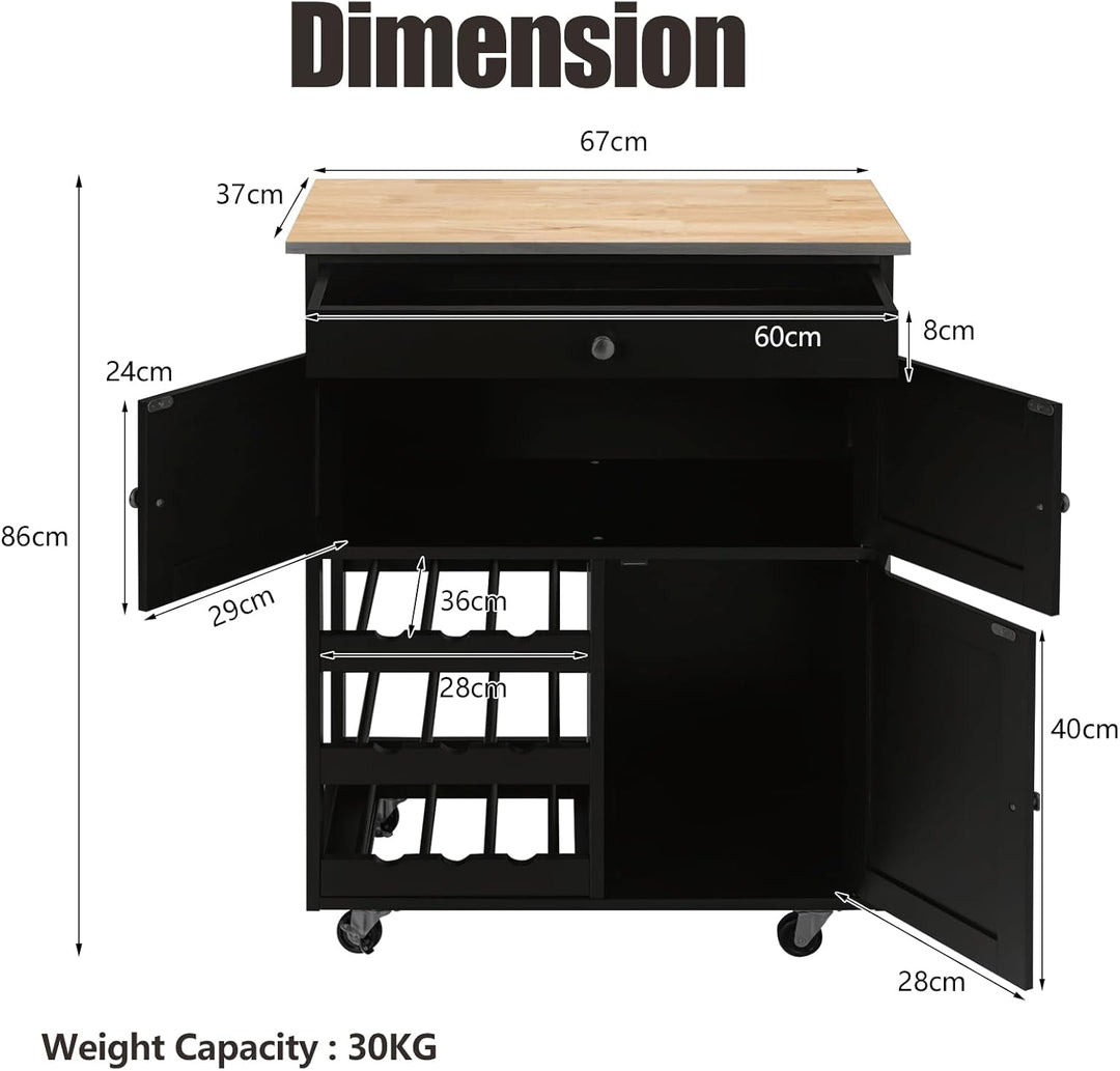 KOMFOTTEU Küchenwagen auf Rollen, Kücheninsel mit Weinregal & 2 Schränke & Schublade, Servierwagen a