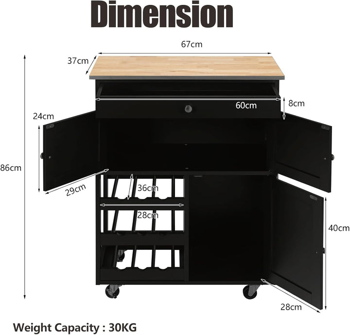 KOMFOTTEU Küchenwagen auf Rollen, Kücheninsel mit Weinregal & 2 Schränke & Schublade, Servierwagen a