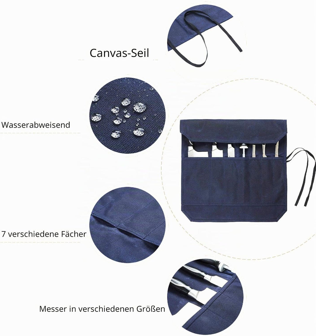 Denifiter strapazierfähiges gewachstes Segletuch, Messer-Rolltasche mit 7 Taschen, blau, Blau