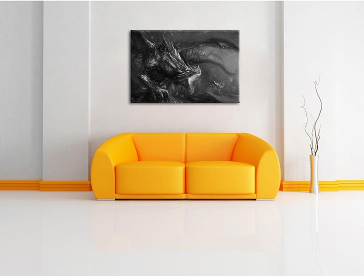 Pixxprint Kampf zwischen Mensch und Drache Kohle Zeichnung Effekt, Format: 100x70 auf Leinwand, 100x