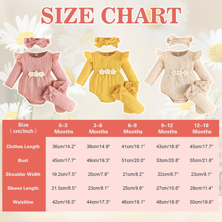 Kunyeah 3Pcs Baby Mädchen Outfits Kleinkind Ruffle Strampler Langarm Bodysuit+Bow Haarband+Socken Ne