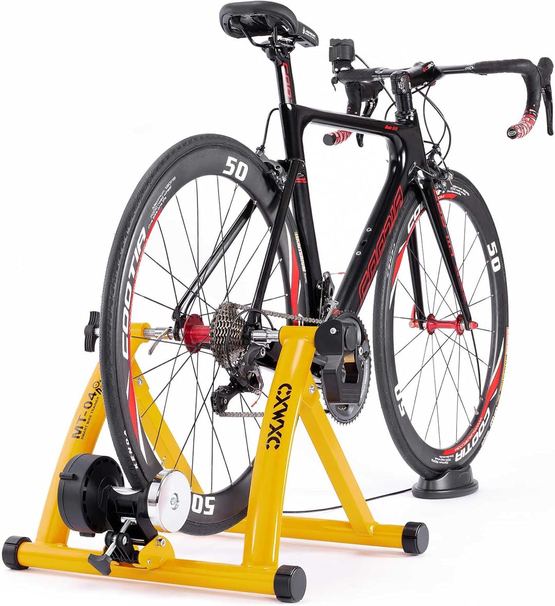 CXWXC Fahrrad Rollentrainer, Klappbar Stahl Bike Trainer mit Schnellspanner Vorderradunterlage Radtr