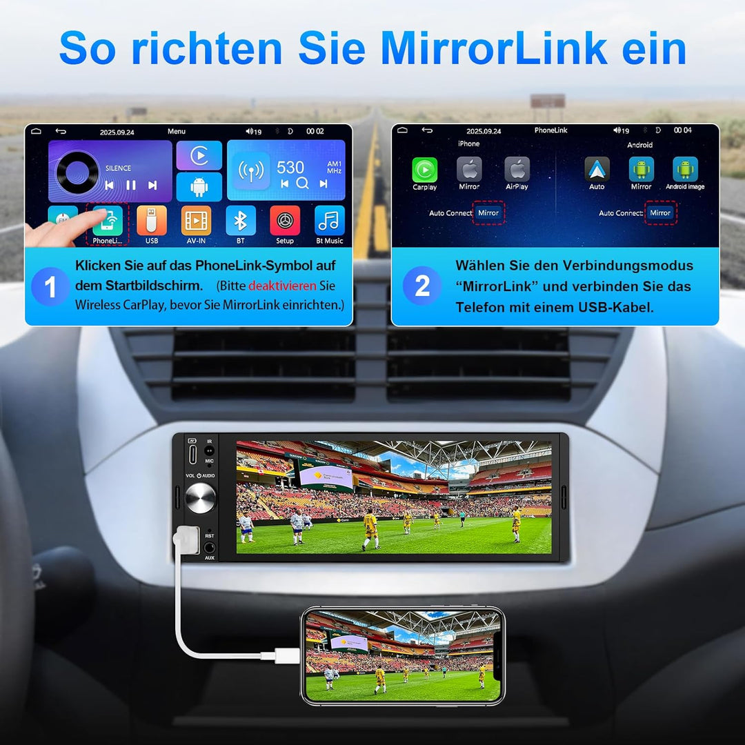 1 Din Autoradio mit Bildschirm Kompatibel mit Wireless CarPlay & Android Auto, 6,28 Zoll 1Din Car Ra