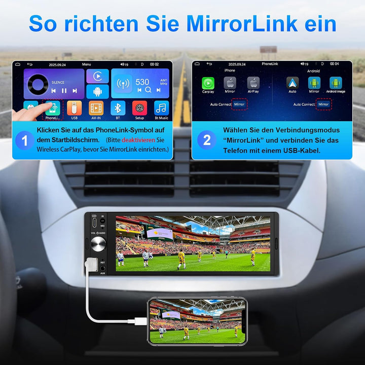 1 Din Autoradio mit Bildschirm Kompatibel mit Wireless CarPlay & Android Auto, 6,28 Zoll 1Din Car Ra