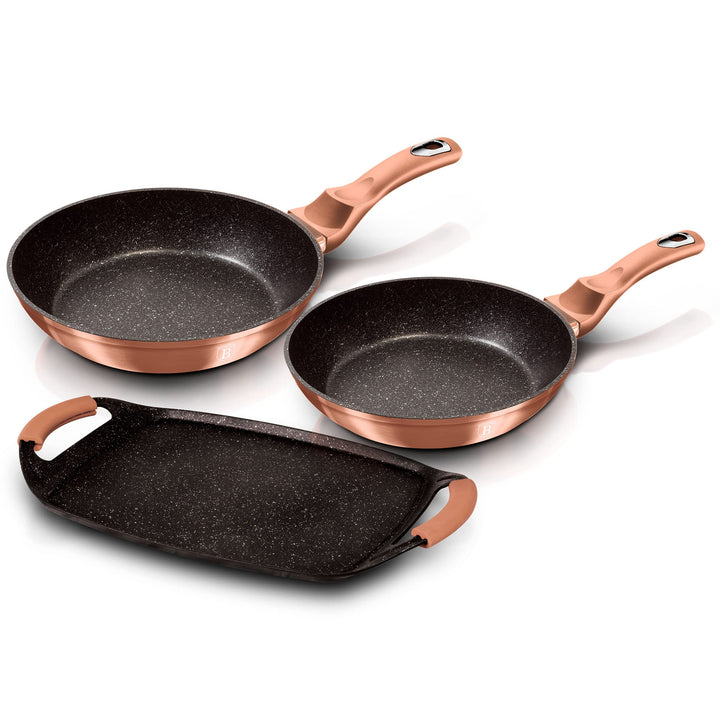Berlinger Haus Rose Gold Set of 2 Frying Pans 22-26 cm and Induction Roasting Griddle 36 x 23 cm