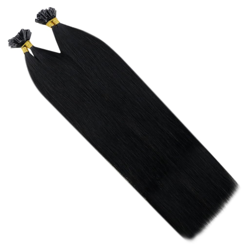RUNATURE Bondings Extensions Echthaar 60cm Lang Haarverlangerung Echthaar Bondings Schwarz 50g 50s K