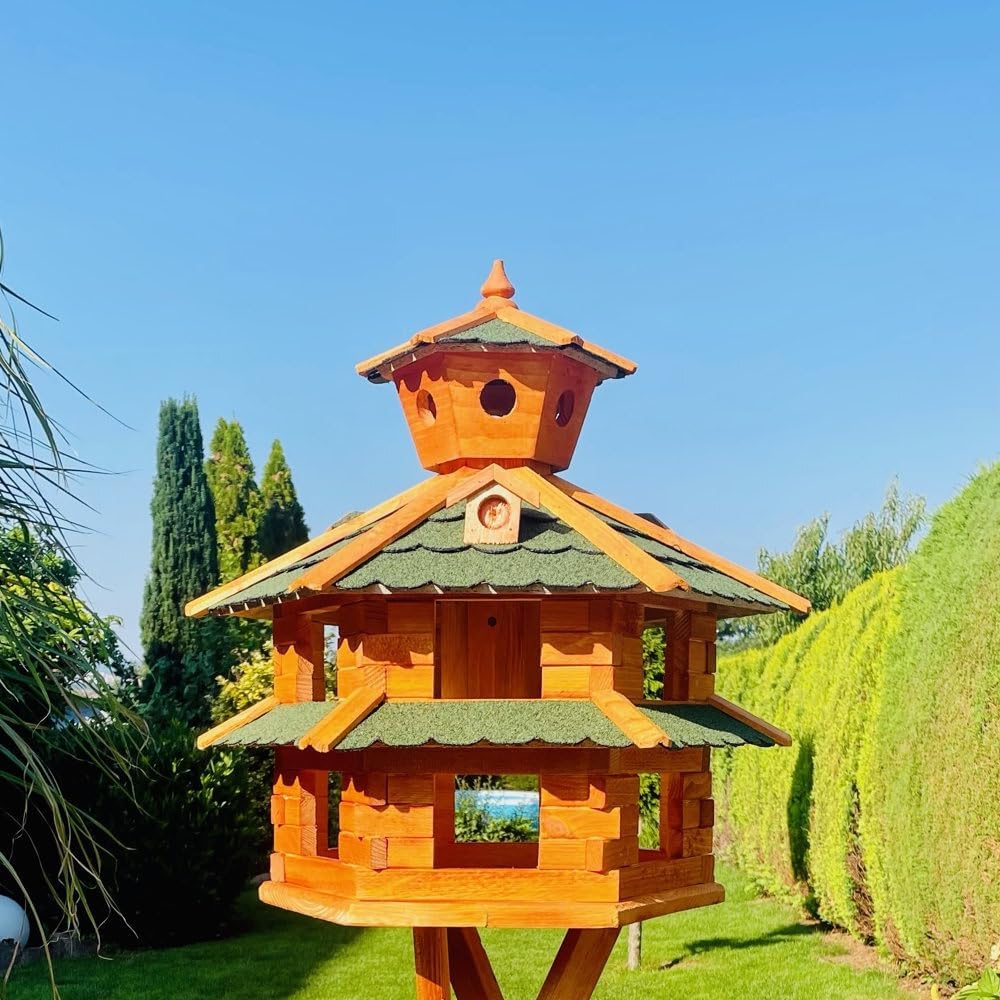 DARLUX Vogelvilla wetterfest von L bis XXL Futterhaus Vogelhaus mit oder ohne Ständer in Braun mit R