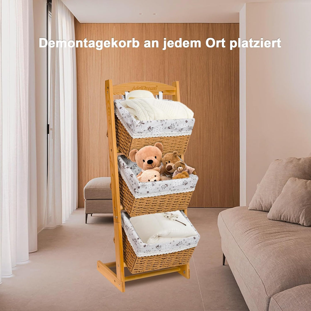 AdelDream Wäschekörbe 3 faltbare Körbe Sortier-Aufbewahrungskorb mit Blumenbeutel Massivholz-Schmutz