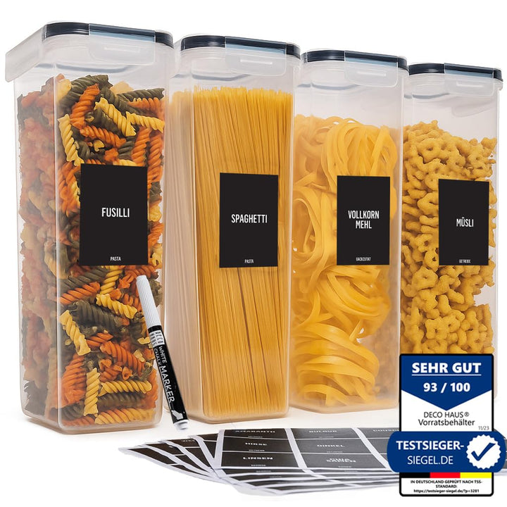 Deco haus® Vorratsdosen mit Deckel Luftdicht [inkl. VORRATSETIKETTEN] - 4er Vorratsbehälter Set 2.8L