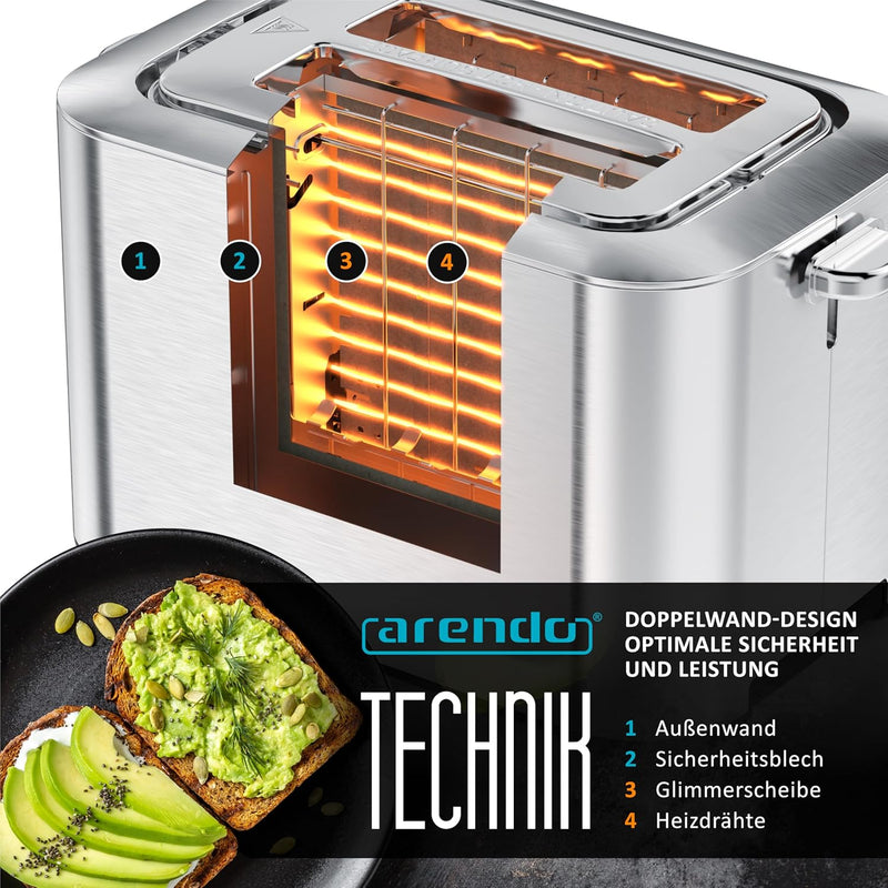 Arendo - Edelstahl Toaster Langschlitz 2 Scheiben- Touchscreen – Doppelwandgehäuse – Integrierter Br