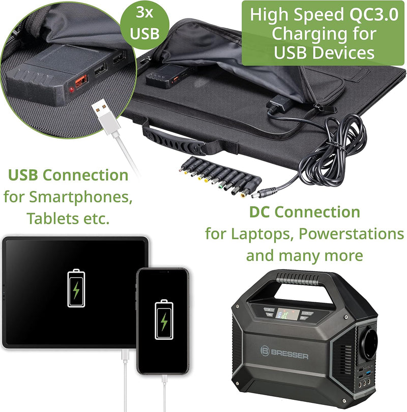 Bresser Solar Ladegerät 60W mit 1x DC- und 3x USB-A-Anschlüssen inkl. USB-A-Buchse mit QC3.0 zur Sch