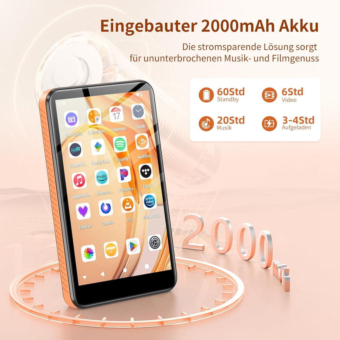MP3 Player mit Bluetooth und WiFi, Android 13 MP3 MP4 Player mit 4“ Touchscreen und Lautsprecher, 4G