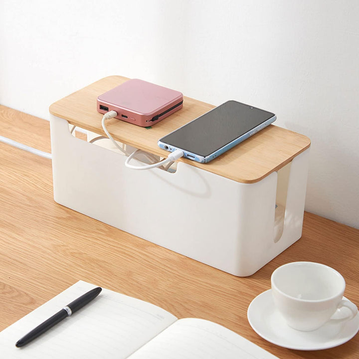 Kabelmanagement Box mit Holz Deckel, 31 x 14 x 12,8cm Weiss Kunststoff Kabelbox Schreibtisch Kabel O