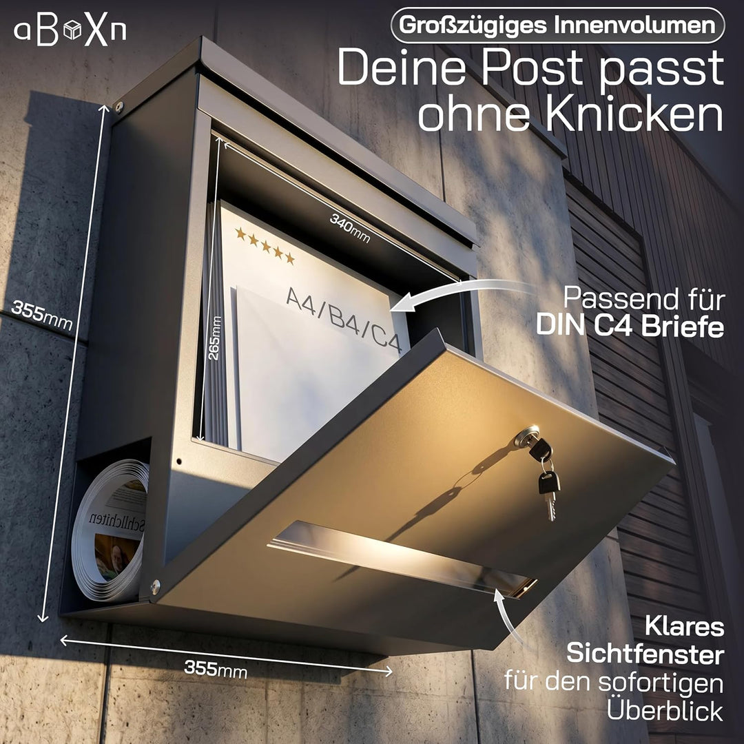 Briefkasten Anthrazit modern gross mit Zeitungsfach &amp; Sichtfenster | UV&amp;Wetterfest aus Stahlblech mi