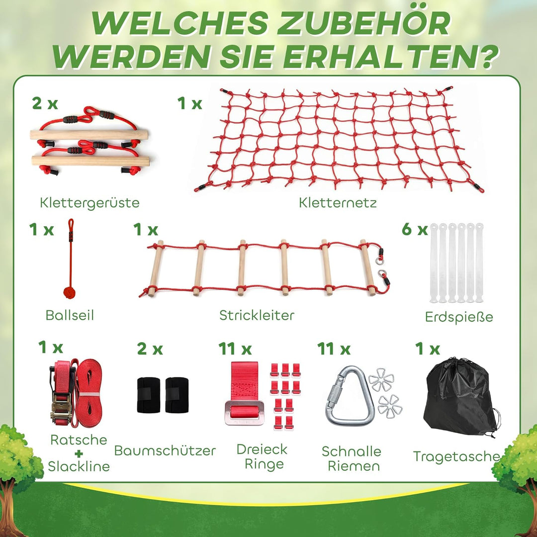AIYAPLAY Ninja Line Kinder 10m Slackline Set mit Slackline, Turnringe, Schaukel, Kletterleiter, Klet