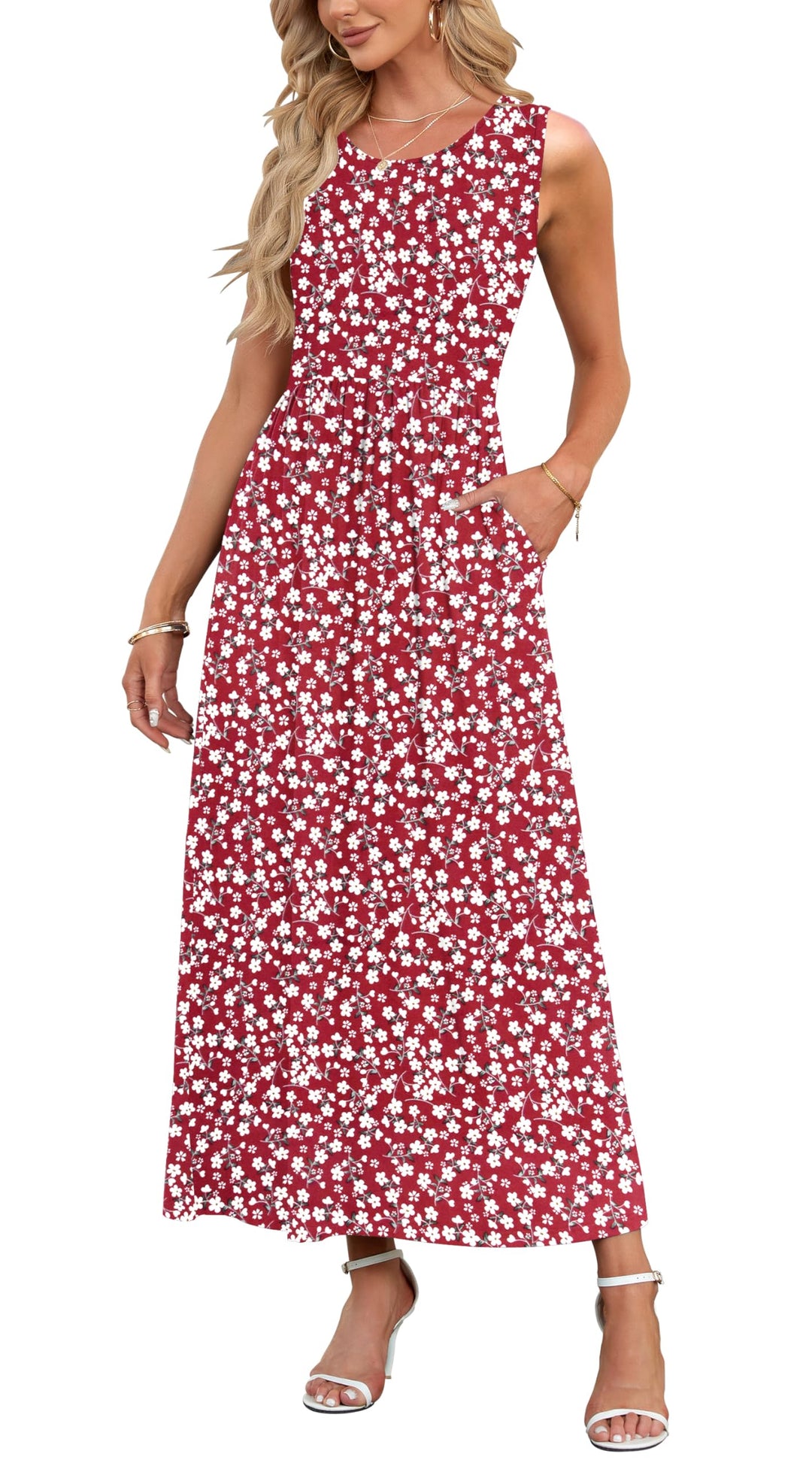 AUSELILY Damen Sommer Ärmelloses Lockeres Maxikleid Lässiges Langes Kleid mit Taschen Rot Blumen S,