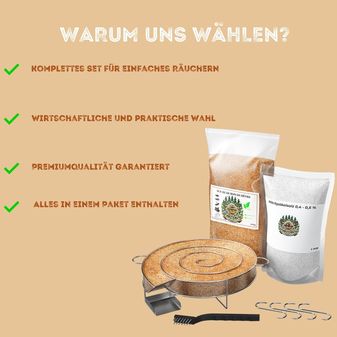 Kaltrauchgenerator/Räucherschnecke + 1,2 kg Räuchermehl Buche + 1 kg Nitritpökelsalz + 4 Haken & Bür