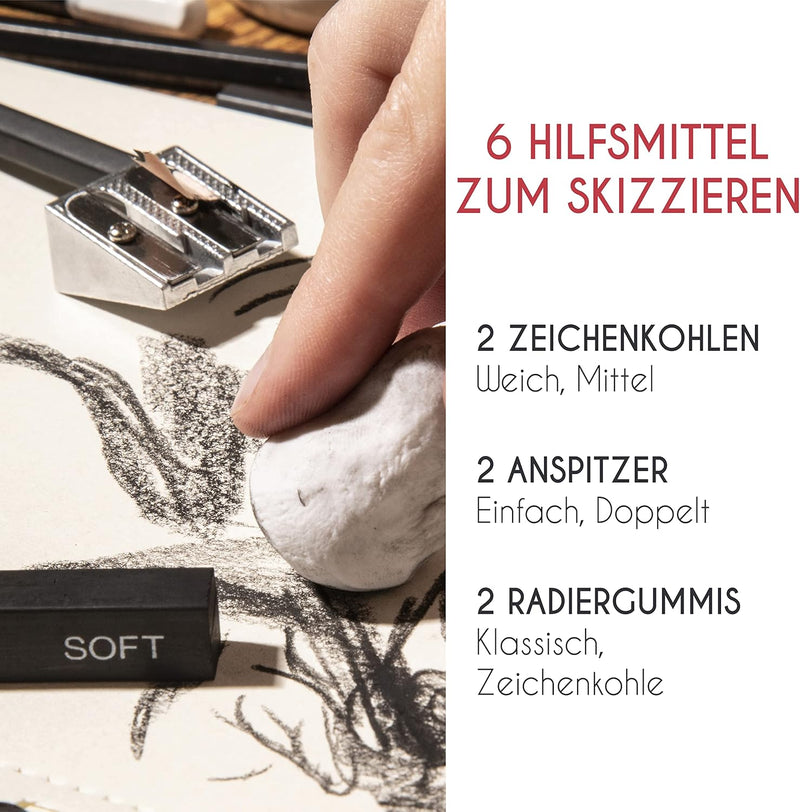 Komplettes Zeichnen Set mit Zeichenblock - 19 Zubehörteile: 8 Bleistifte, 3 Kohlestifte, 1 Graphit S