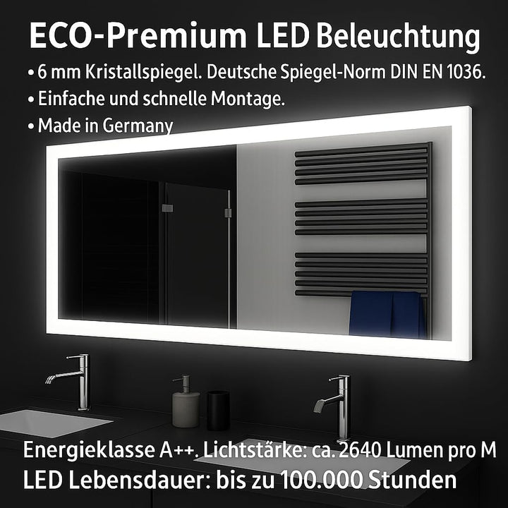 SARAR | LED Badspiegel Sete mit LED-Beleuchtung, eckiger Wandspiegel mit rundum Beleuchtung, Leuchts
