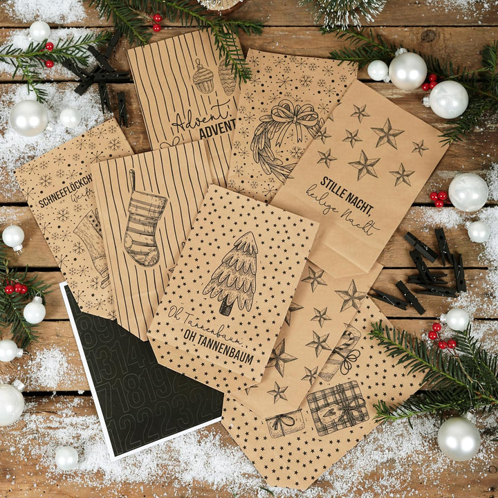 Papierdrachen Adventskalender 2025 zum Befüllen - 24 braune Geschenktüten mit Zahlenaufklebern - Mot