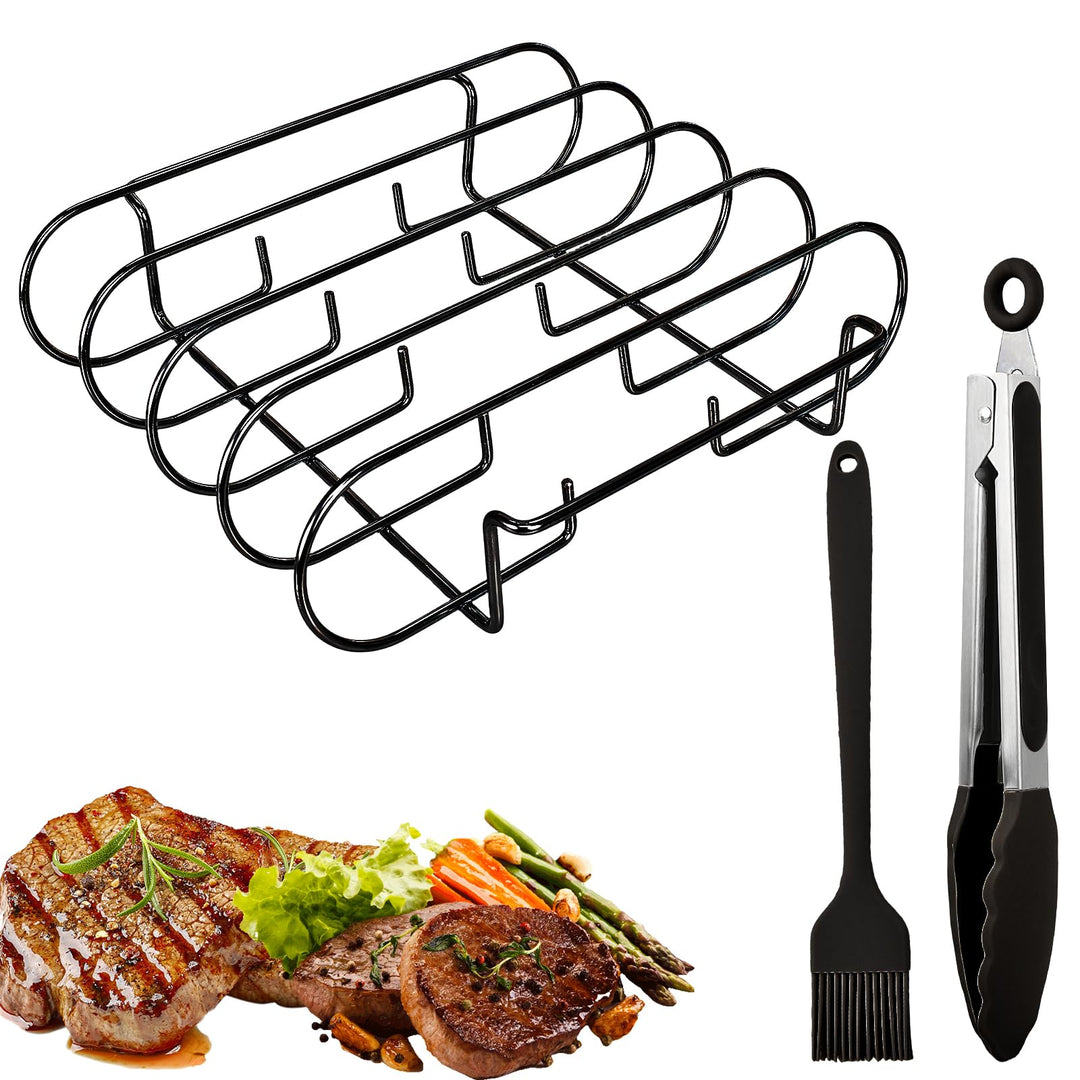 Spareribs Halter Grill, Edelstahl Rippchenhalter, BBQ Rib Rack mit Öl-Pinsel und Grillzange, Geeigne