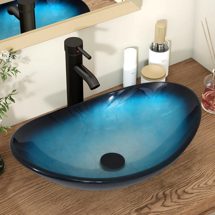 YU YUSING Aufsatzwaschbecken Waschbecken Glas Waschtisch, Oval Hand Waschschale mit Wasserhahn Set,