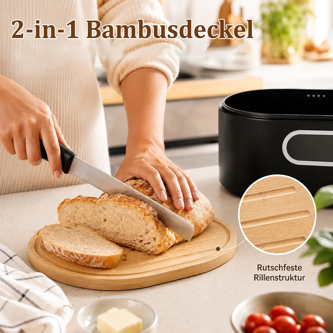 Brotkasten Schwarz, Brotbox aus Verzinktem Eisen mit 2-in-1-Bambusdeckel | Brotaufbewahrungsbox mit
