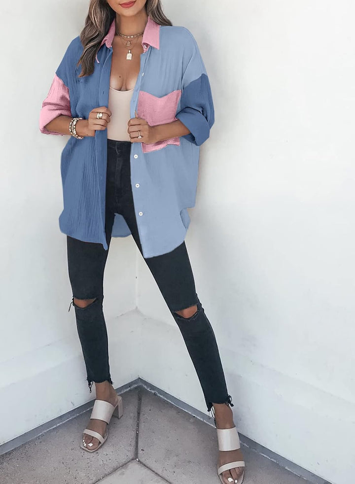 Dokotoo Bluse Damen Musselin Langarmshirt Baumwolle Lässig Oberteile Hemd Langarm Einfarbig Tops Far