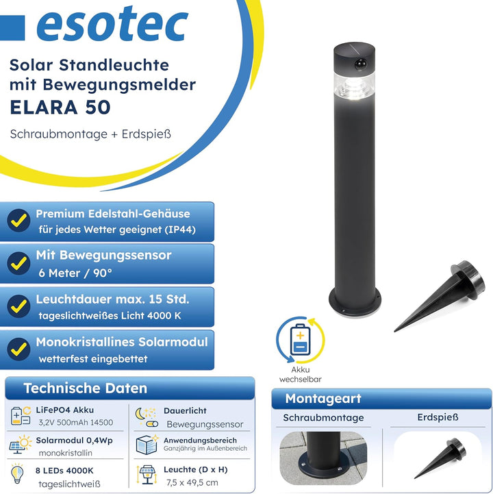 esotec Solar Pollerleuchte Standleuchte aussen PIR Elara 50, ortsfeste Montage oder Erdspiess, anthr
