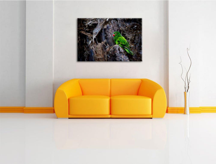 Dark grüner Papagei im Gehölz Spezial Format: 100x70 cm auf Leinwand, XXL riesige Bilder fertig gera
