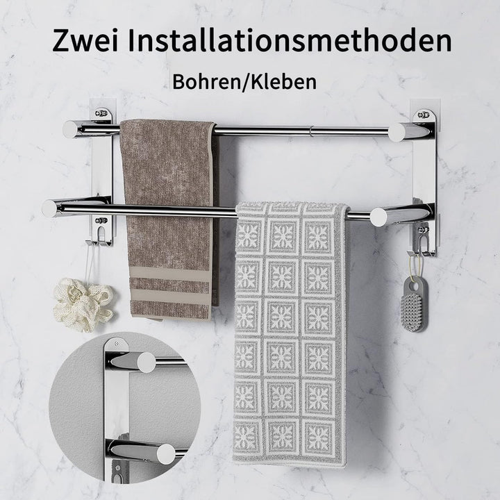 ANBOO Handtuchhalter Ohne Bohren Ausziehbar 43-78CM, Edelstahl Handtuchhalter mit 2 Haken für Badezi
