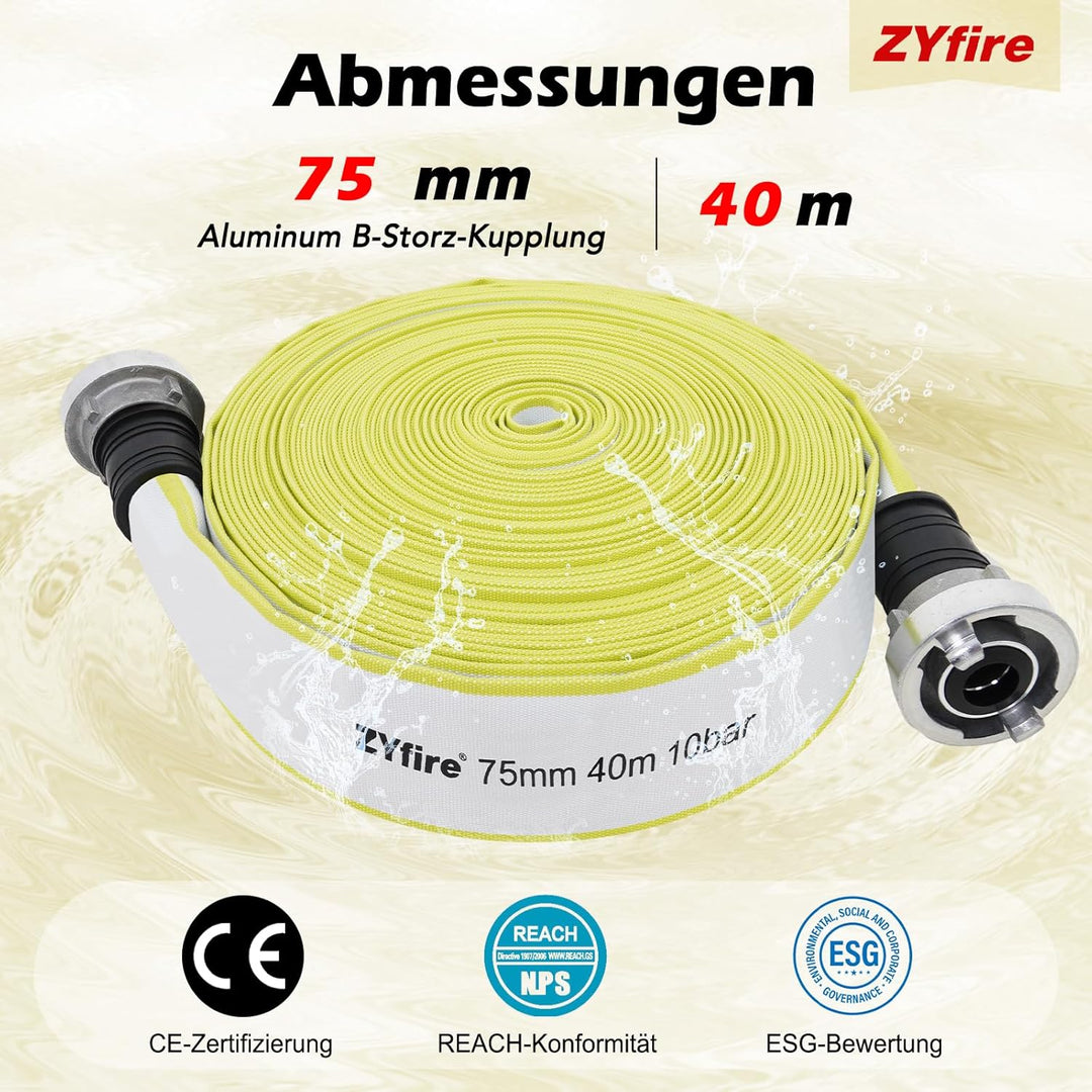 ZYfire Feuerwehrschlauch 75mm x 40m | 3 Zoll Schlauch mit B-Storz Kupplung | 10 Bar Betriebsdruck, -