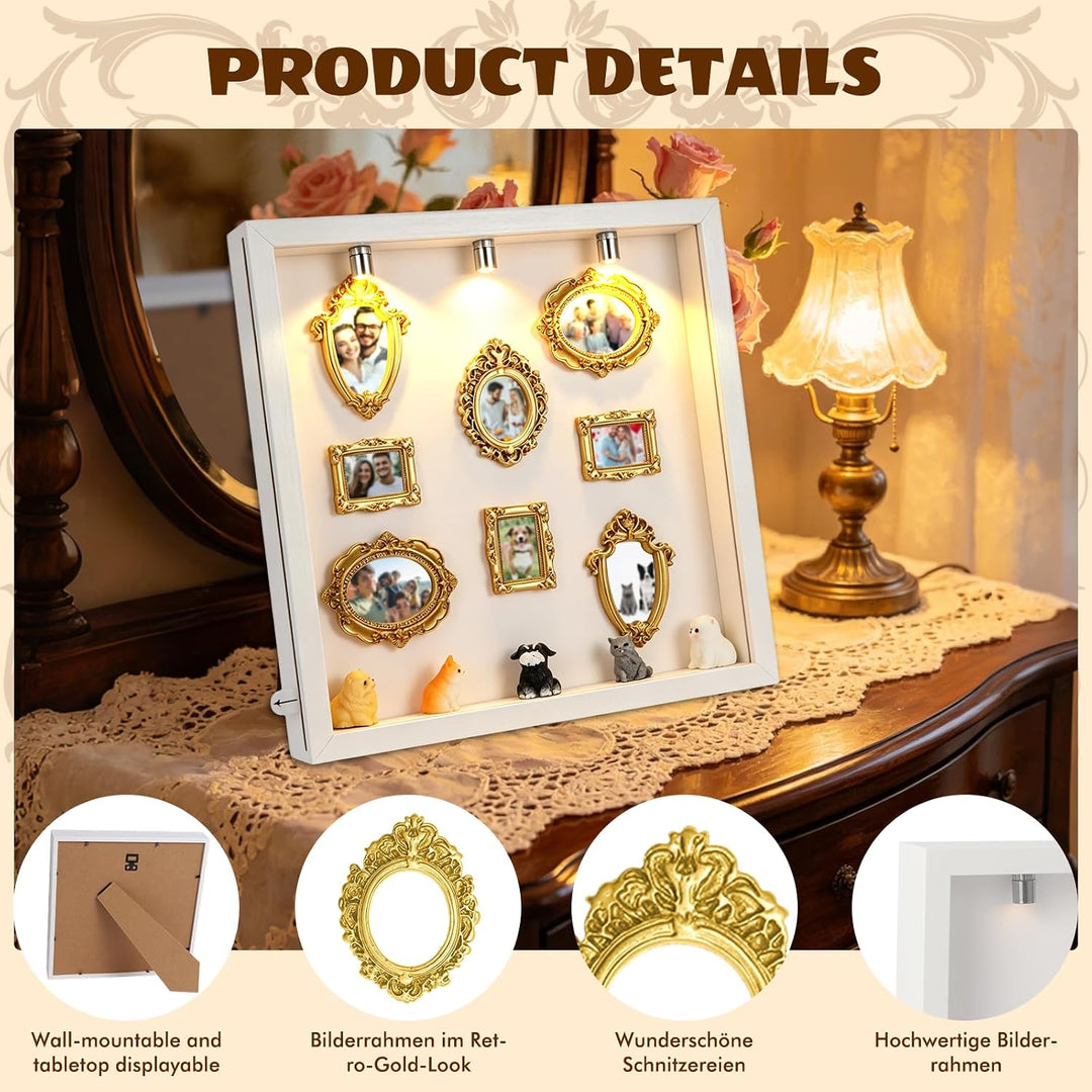 Upgrade DIY Mini Museum Bilderrahmen Set, Schattenbox mit seitlich öffnender Acrylfront & LED-Licht,