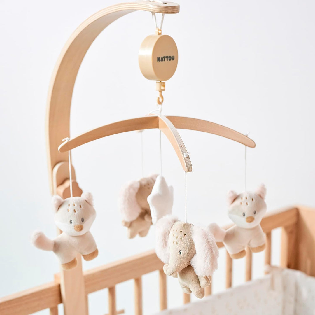 Nattou Mobile mit Spieluhr aus Holz und Polyester, Fuchs und Elefant, Sanftes Wiegelied "La-Le-Lu",