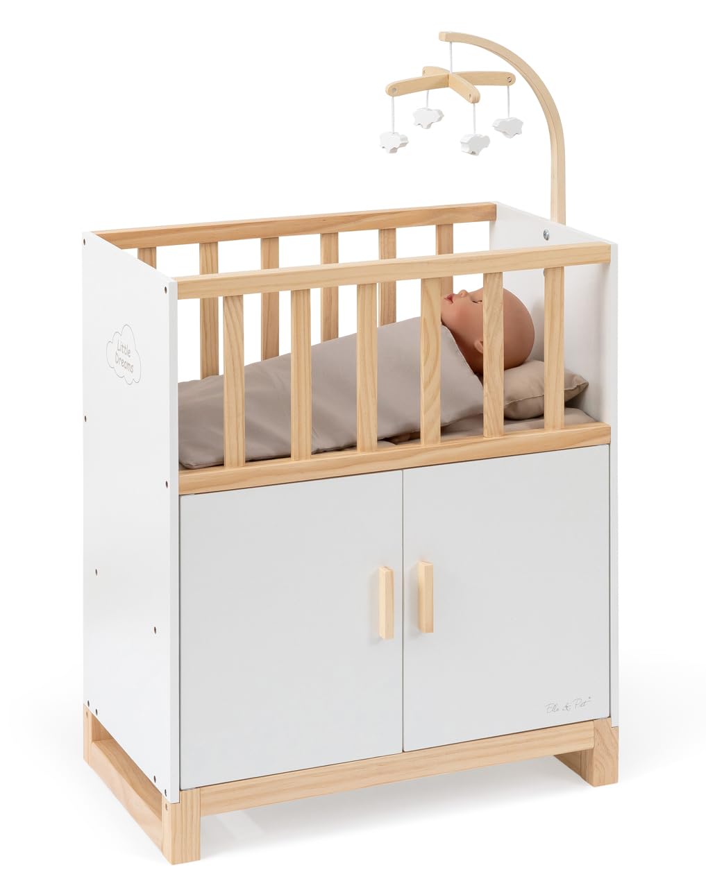 ELLA & PIET® Puppenbett Cozy mit Schrank und Mobile aus Holz (Weiss-Schlamm)