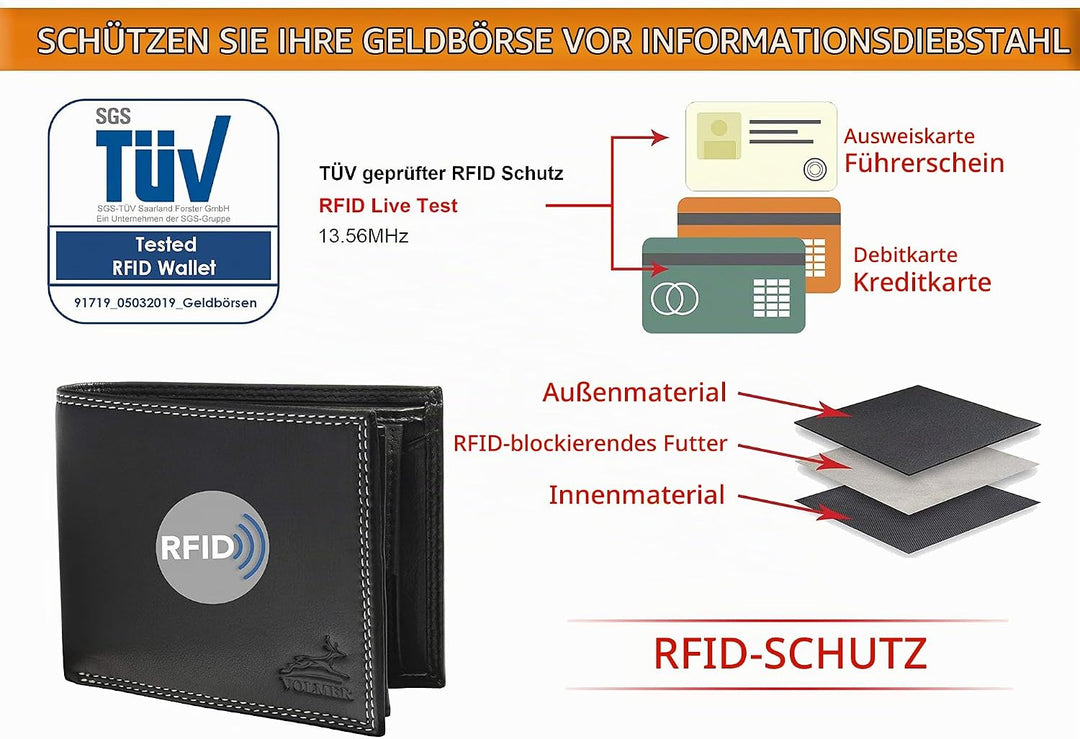 Fa.Volmer ® Leder Geldbörse Herren mit RFID-Schutz - weiches, unempfindliches Nappaleder, extra-stab