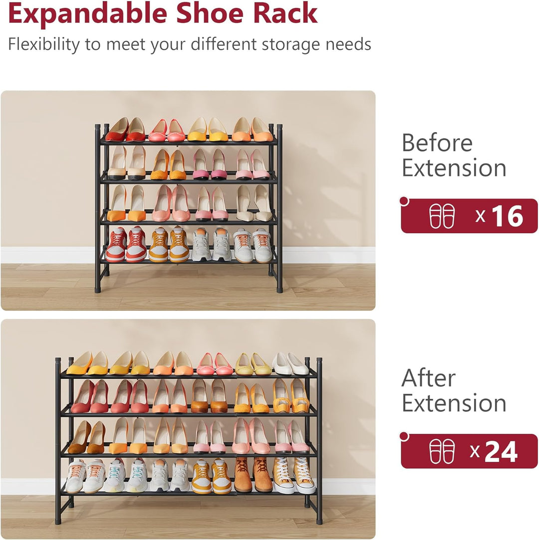 Tajsoon Schuhregal 4 Ebenen, 74–104 cm verstellbar & stapelbar, für Eingang, Kleiderschrank, Garage,