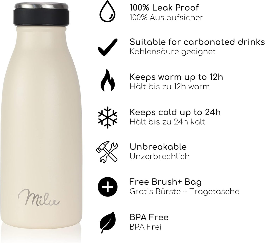 Milu Edelstahl Trinkflasche 350ml, 500ml, 750ml, 1L, 1,5L – Thermosflasche für Kinder Erwachsene aus