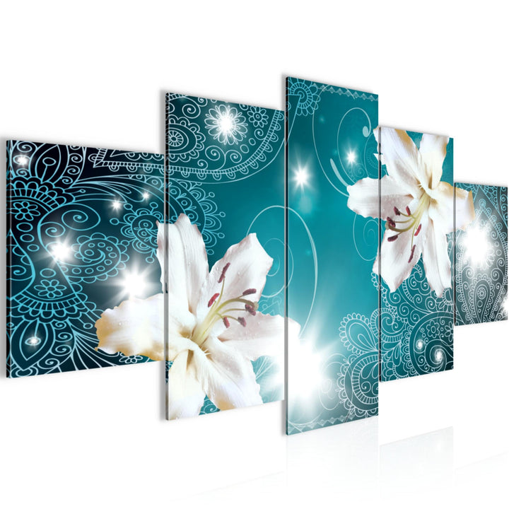 Runa Art Wandbilder Blumen Lilien 5 Teilig Bild auf Vlies Leinwand Deko Wohnzimmer Abstrakt Türkis 0