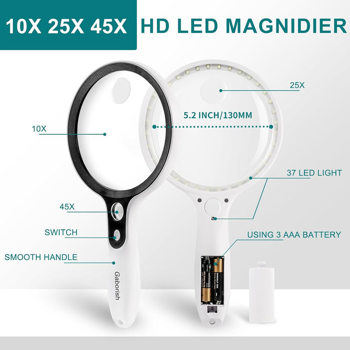 Grosse Lupe mit 37 LED-Licht, 10X 20X 45X Leselupe Handlupe mit 3 Lichtmodi, Aufbewahrungstasche, Re